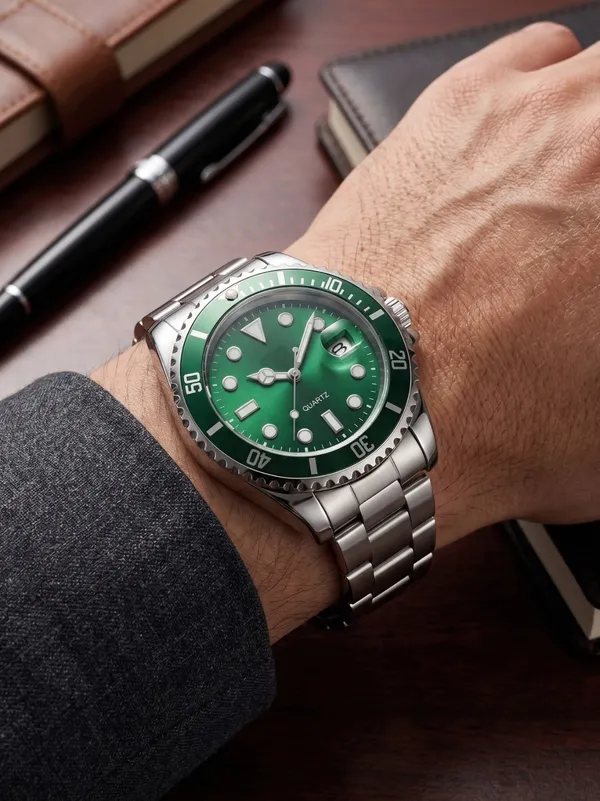 Silver_Stainless_Steel_Green_Dial_Quartz_Watch_for_Men