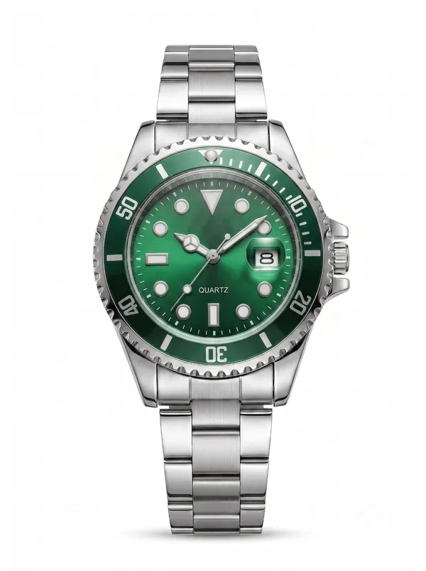 Silver_Stainless_Steel_Green_Dial_Quartz_Watch_for_Men