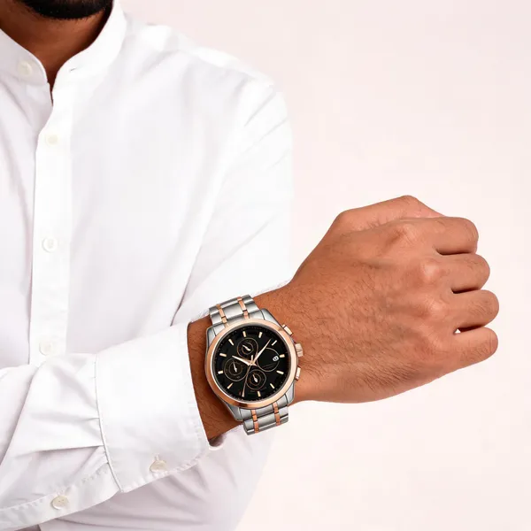 Rose_Gold_Silver_Stainless_Steel_Black_Dial_Chronograph_Watch_For_Men