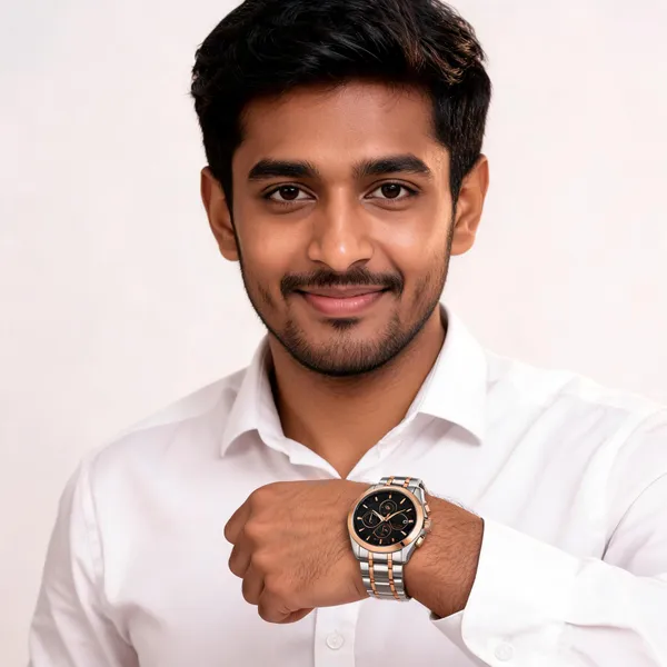 Rose_Gold_Silver_Stainless_Steel_Black_Dial_Chronograph_Watch_For_Men