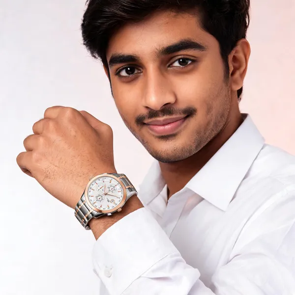 Silver_Rose_Gold_Stainless_Steel_White_Dial_Chronograph_Watch_For_Men