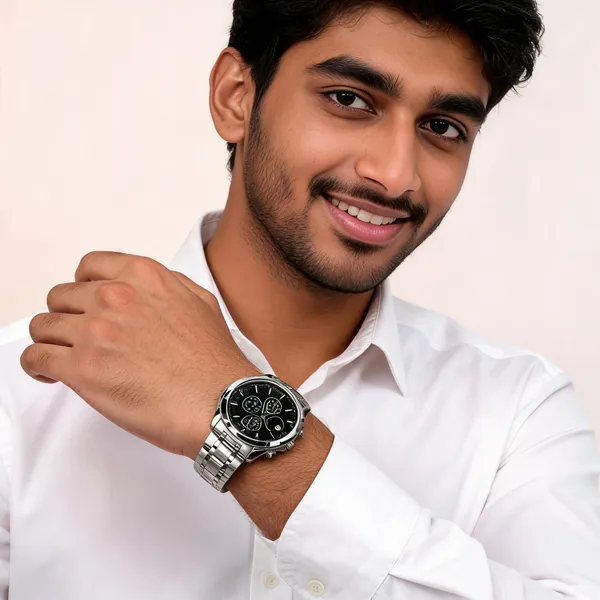 Silver_Stainless_Steel_Black_Dial_Chronograph_Watch_For_Men