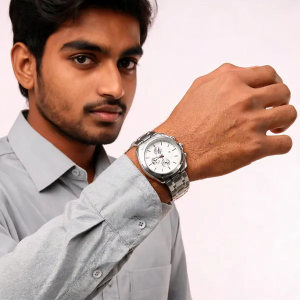 Silver_Stainless_Steel_White_Dial_Chronograph_Watch_For_Men