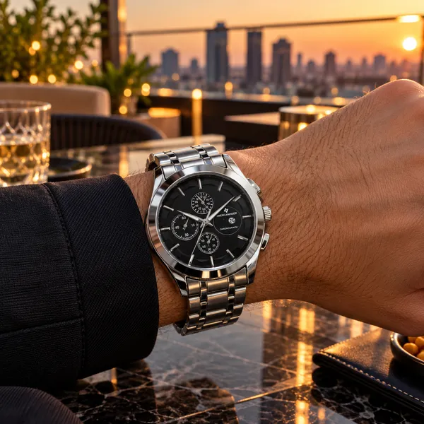 Silver_Stainless_Steel_Black_Dial_Chronograph_Watch_For_Men