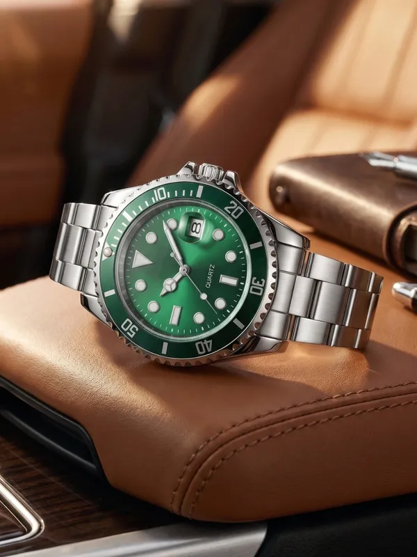 Silver_Stainless_Steel_Green_Dial_Quartz_Watch_for_Men
