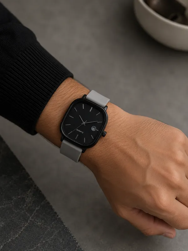 Black_Square_Dial_Watch_With_White_Strap_for_Men