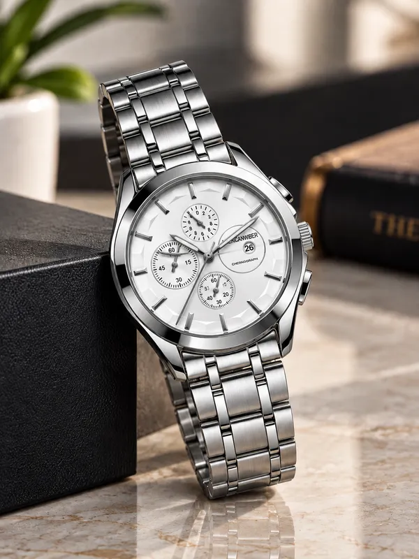 Silver_Stainless_Steel_White_Dial_Chronograph_Watch_For_Men