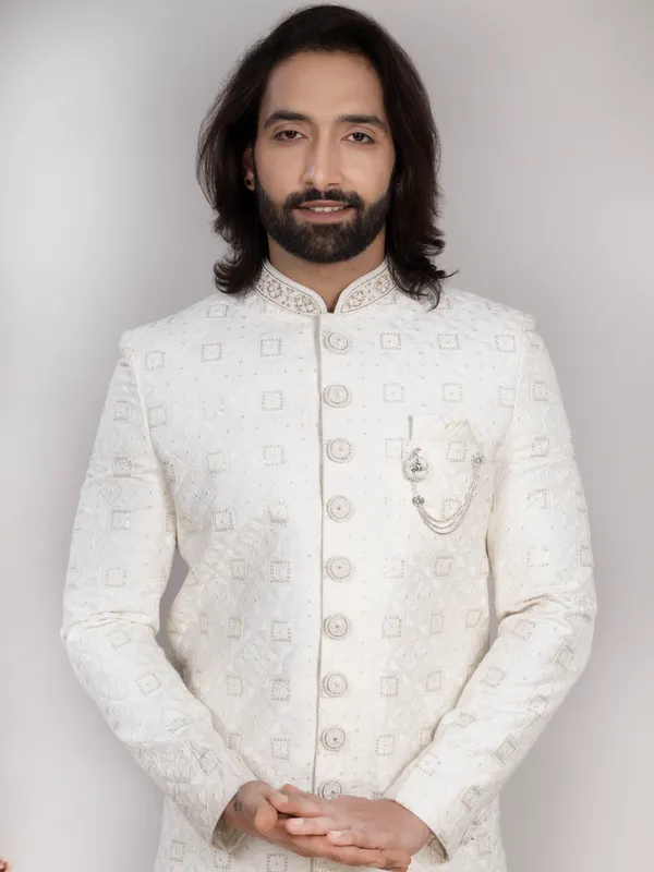 White_Silk_Geometric_Embroidered_Regular_Fit_Sherwani_Set_For_Men