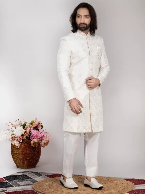 White_Silk_Geometric_Embroidered_Regular_Fit_Sherwani_Set_For_Men