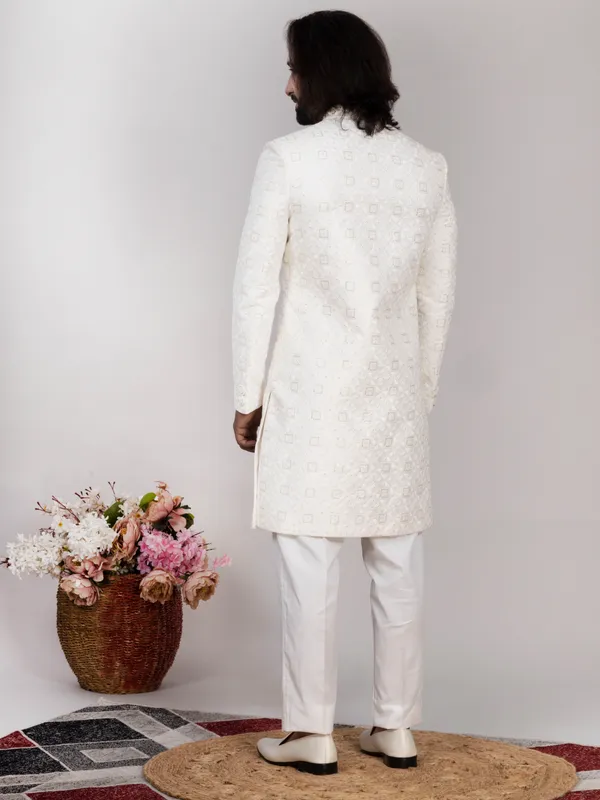White_Silk_Geometric_Embroidered_Regular_Fit_Sherwani_Set_For_Men