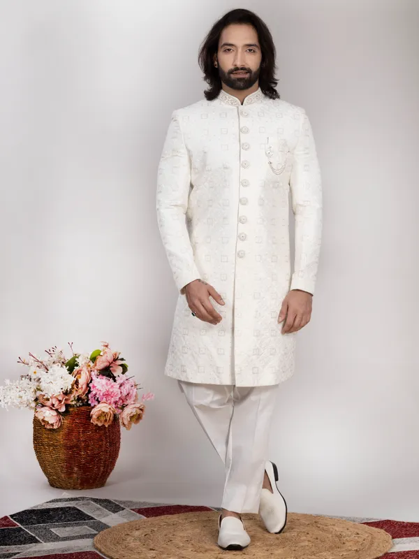 White_Silk_Geometric_Embroidered_Regular_Fit_Sherwani_Set_For_Men