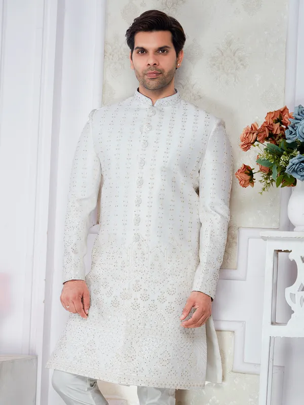 Ivory_Silk_Stone_Work_Regular_Fit_Sherwani_Set_For_Men
