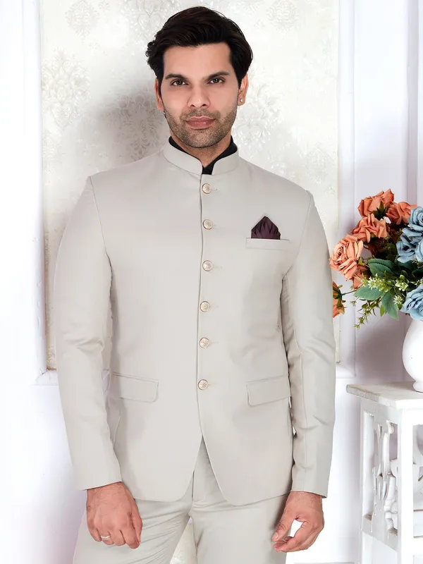 Ivory_Beige_Bandhgala_Suit_For_Men_Regular_Fit_Wedding_Cream_Dry_Clean_Only