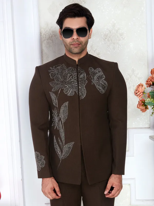 Chocolate_Brown_Embroidered_Bandhgala_Suit_For_Men_Dark_Brown_Dry_Clean_Only
