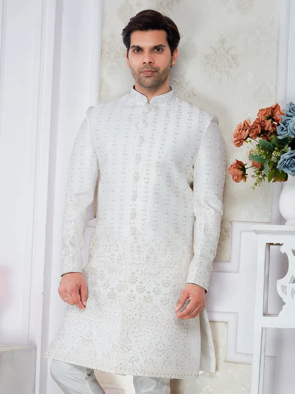 Ivory_All_Over_Stone_Work_Sherwani_Set_With_Pajama_Mojri_For_Men_White