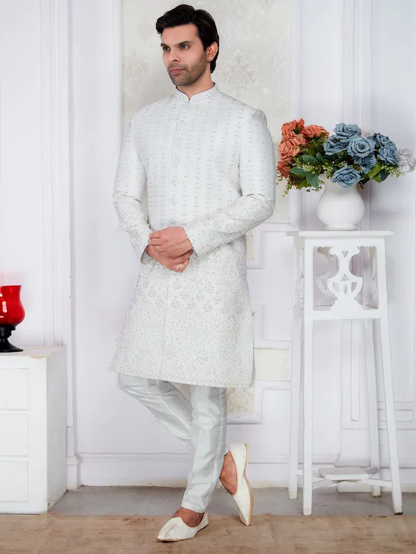 Ivory_All_Over_Stone_Work_Sherwani_Set_With_Pajama_Mojri_For_Men_White