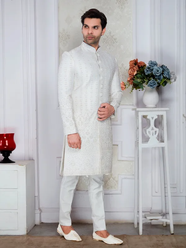 Ivory_All_Over_Stone_Work_Sherwani_Set_With_Pajama_Mojri_For_Men_White