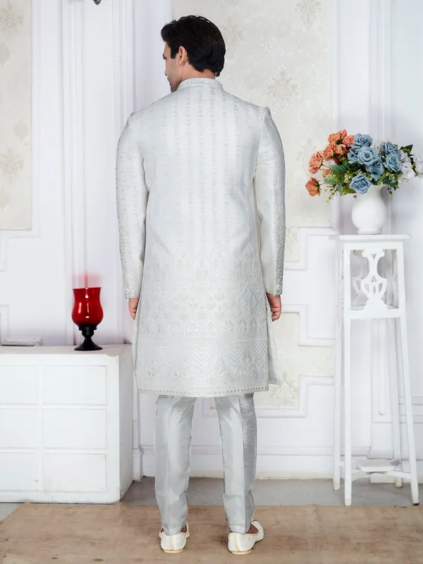 Ivory_All_Over_Stone_Work_Sherwani_Set_With_Pajama_Mojri_For_Men_White