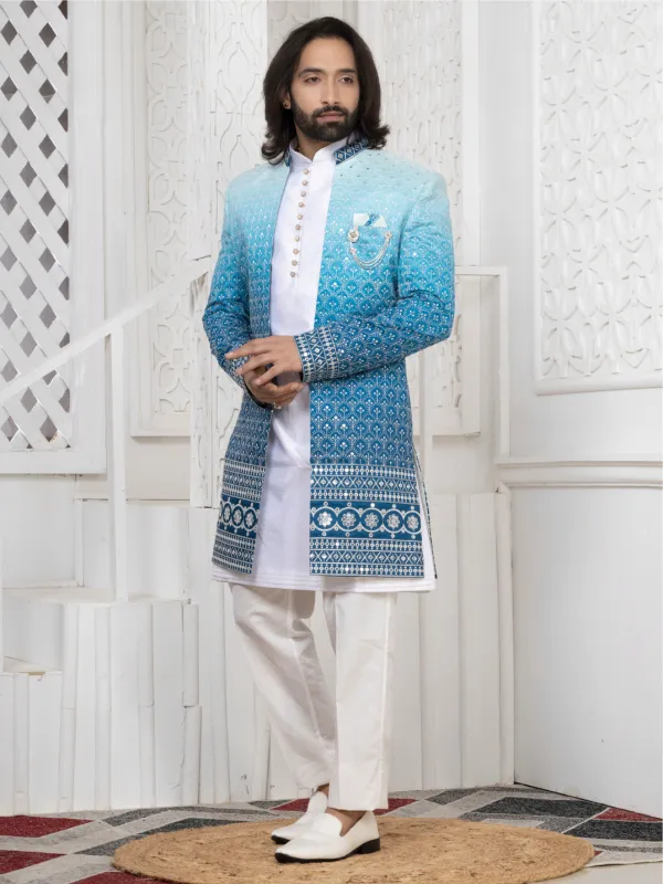 Sky_Blue_Embroidered_Indo_Western_Set_With_Kurta_Pajama_Mojri_White