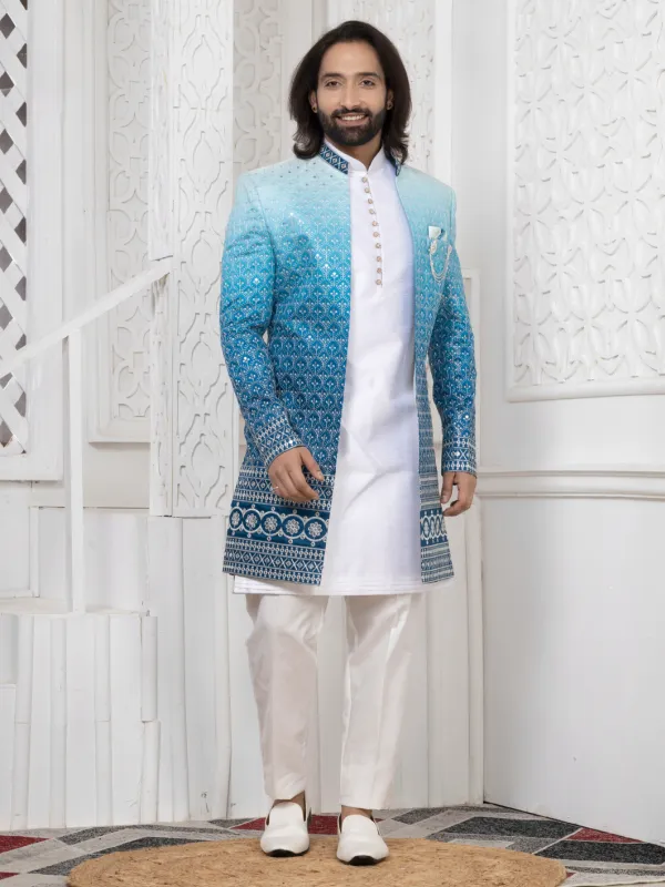 Sky_Blue_Embroidered_Indo_Western_Set_With_Kurta_Pajama_Mojri_White