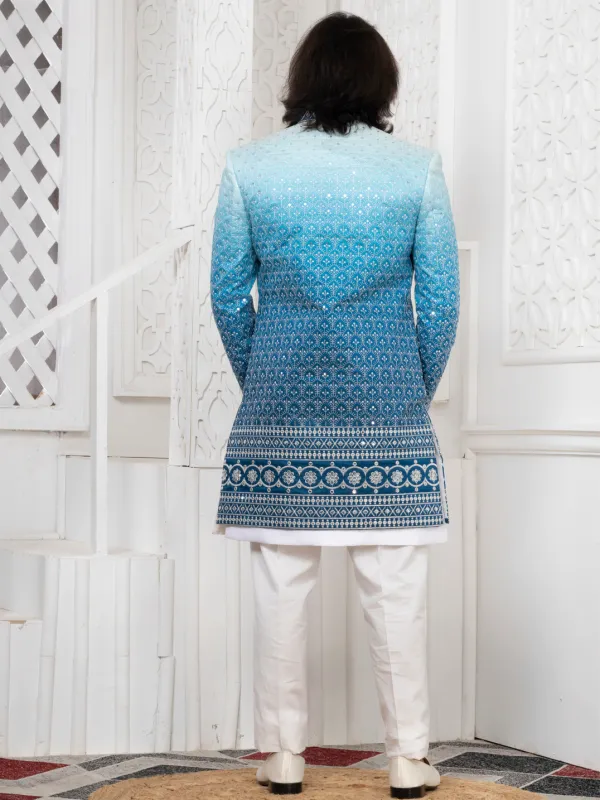 Sky_Blue_Embroidered_Indo_Western_Set_With_Kurta_Pajama_Mojri_White