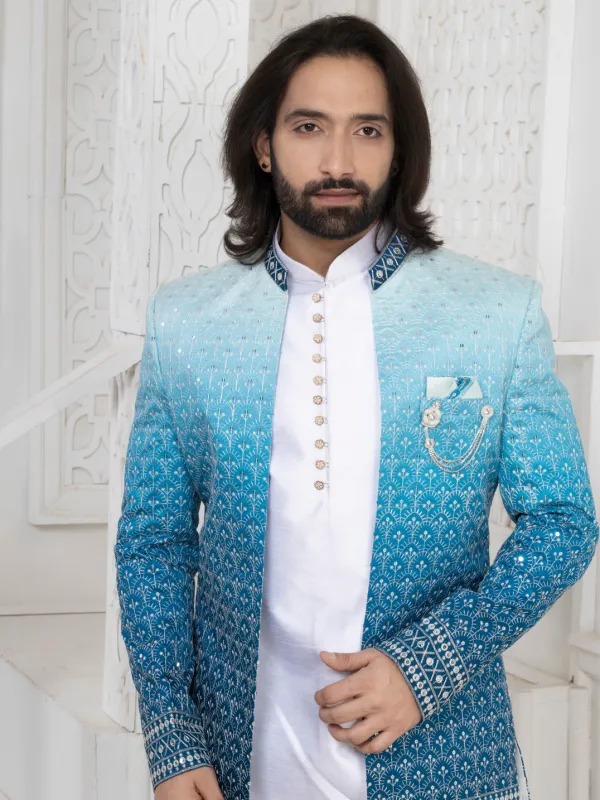Sky_Blue_Embroidered_Indo_Western_Set_With_Kurta_Pajama_Mojri_White