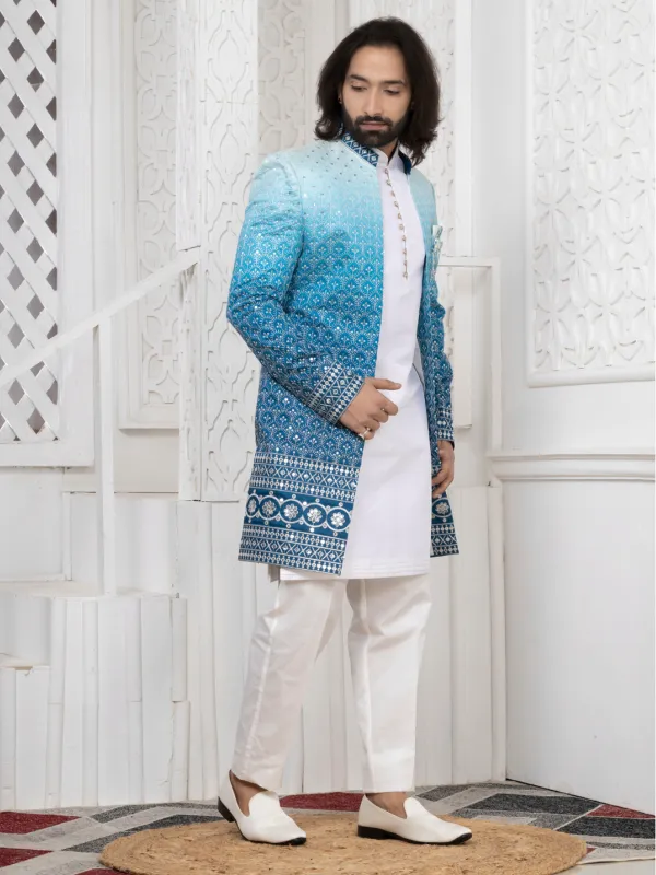Sky_Blue_Embroidered_Indo_Western_Set_With_Kurta_Pajama_Mojri_White
