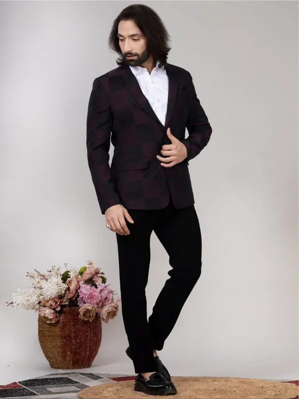 Wine_Black_Windowpane_Check_Blazer_For_Men_Premium_Party_Formal_Wear_Burgandy