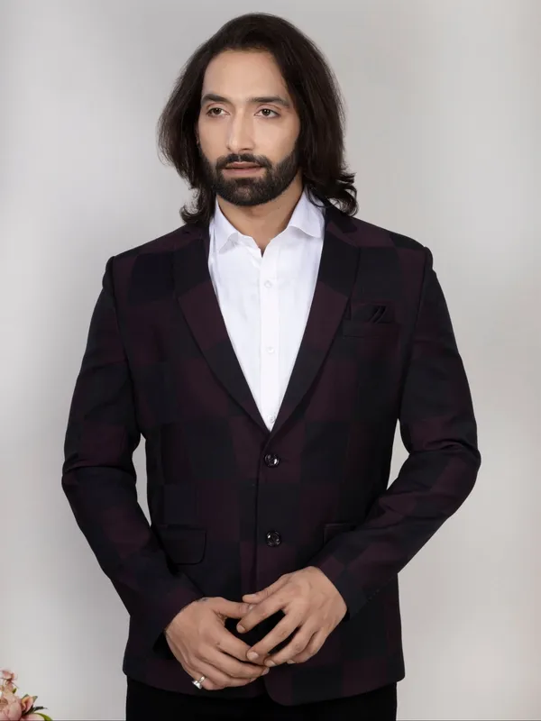 Wine_Black_Windowpane_Check_Blazer_For_Men_Premium_Party_Formal_Wear_Burgandy