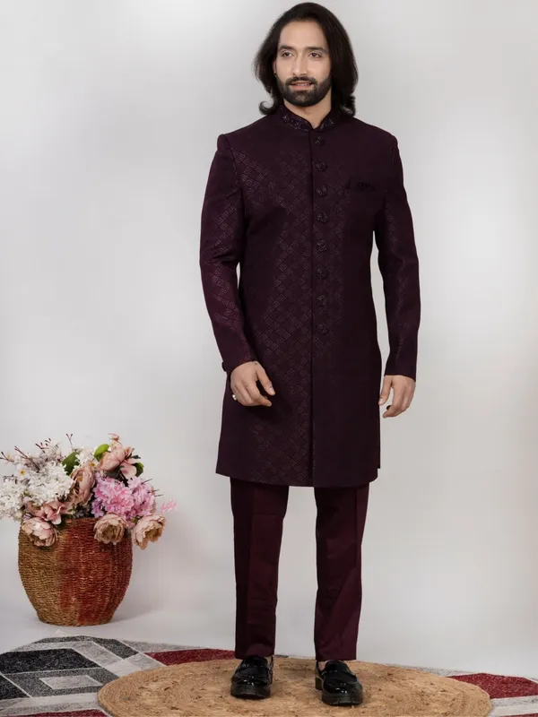 Men_S_Wine_Jacquard_Sherwani_Regular_Fit_Wedding_Wear_Burgandy