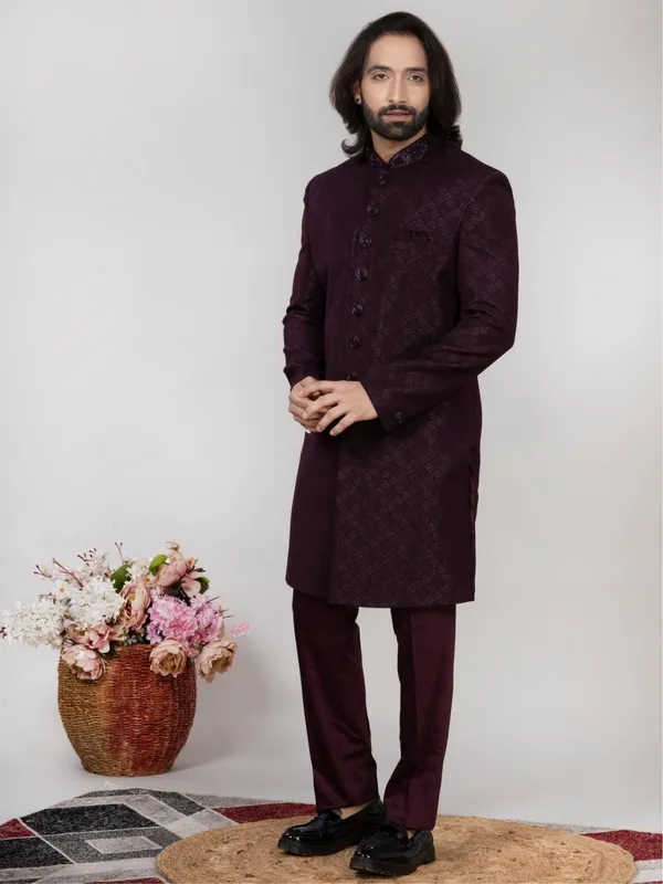 Men_S_Wine_Jacquard_Sherwani_Regular_Fit_Wedding_Wear_Burgandy