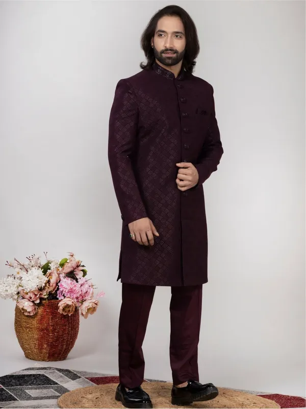 Men_S_Wine_Jacquard_Sherwani_Regular_Fit_Wedding_Wear_Burgandy