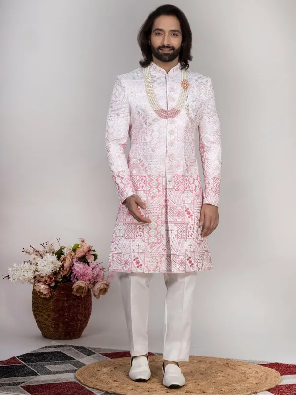 White_Embroidered_Sherwani_Set_With_Pajama_Mojri_For_Men_Baby_Pink