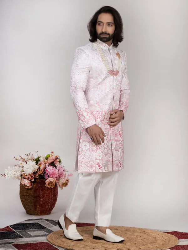 White_Embroidered_Sherwani_Set_With_Pajama_Mojri_For_Men_Baby_Pink