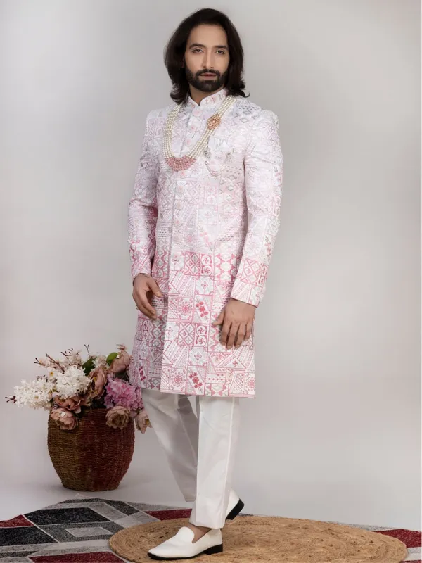 White_Embroidered_Sherwani_Set_With_Pajama_Mojri_For_Men_Baby_Pink