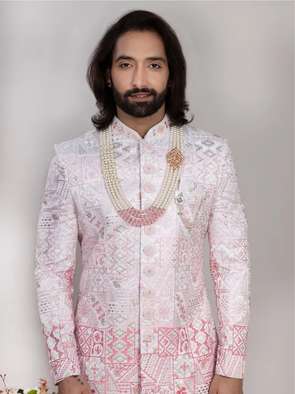 White_Embroidered_Sherwani_Set_With_Pajama_Mojri_For_Men_Baby_Pink