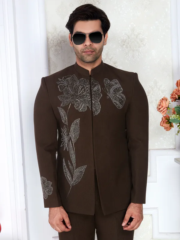 Dark_Brown_Regular_Fit_Embroidered_Bandhgala_Suit_For_Men
