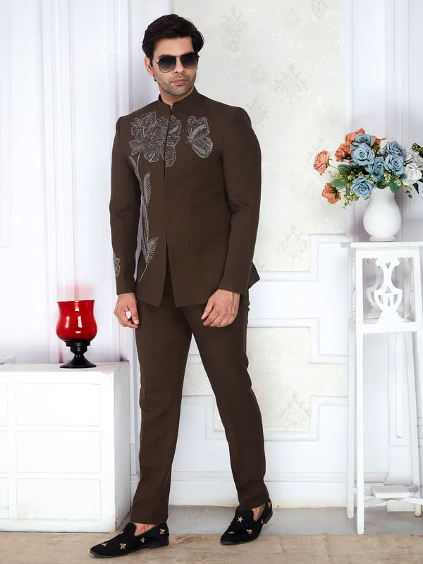 Dark_Brown_Regular_Fit_Embroidered_Bandhgala_Suit_For_Men