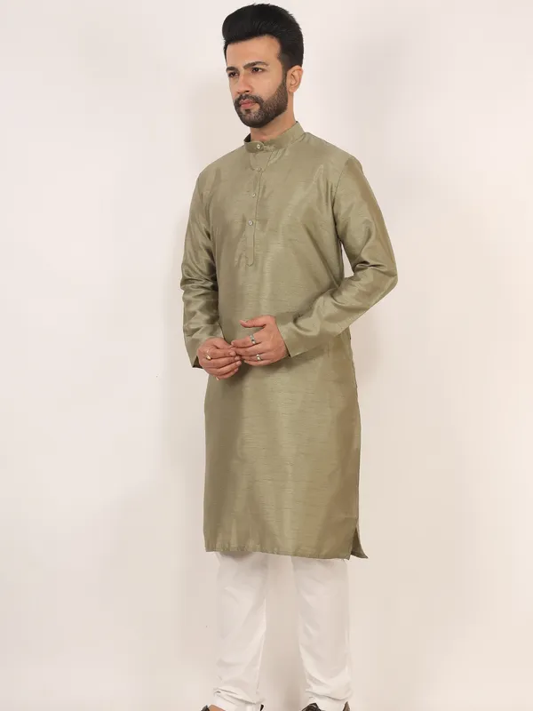 Olive_Green_Dupion_Silk_Regular_Fit_Kurta_Pajama_Set_For_Men