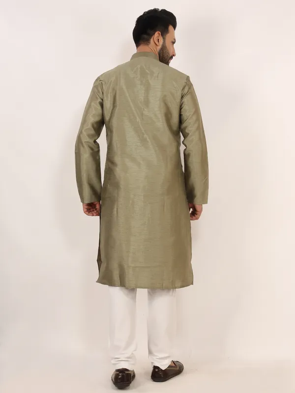 Olive_Green_Dupion_Silk_Regular_Fit_Kurta_Pajama_Set_For_Men