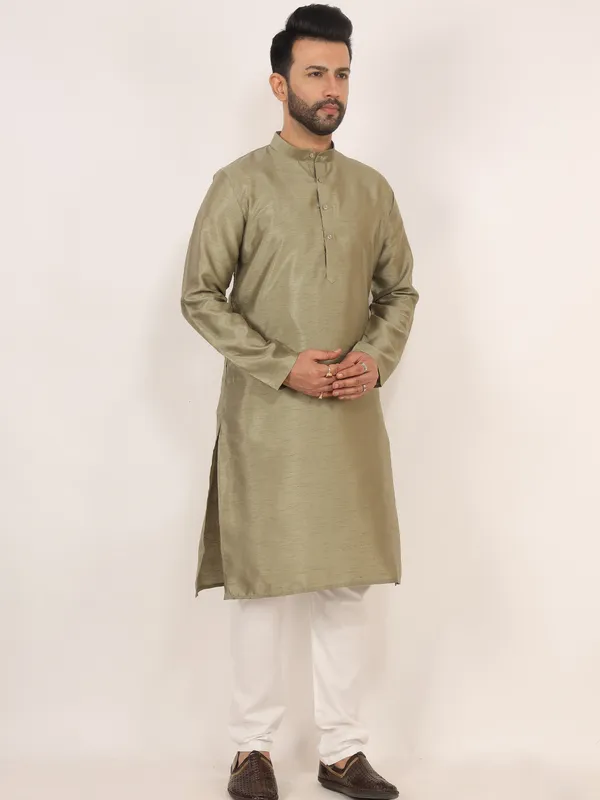 Olive_Green_Dupion_Silk_Regular_Fit_Kurta_Pajama_Set_For_Men