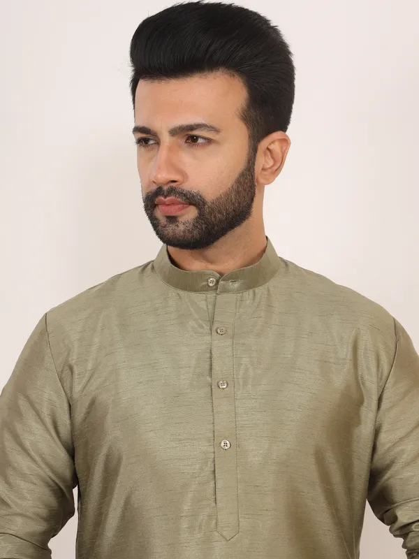 Olive_Green_Dupion_Silk_Regular_Fit_Kurta_Pajama_Set_For_Men
