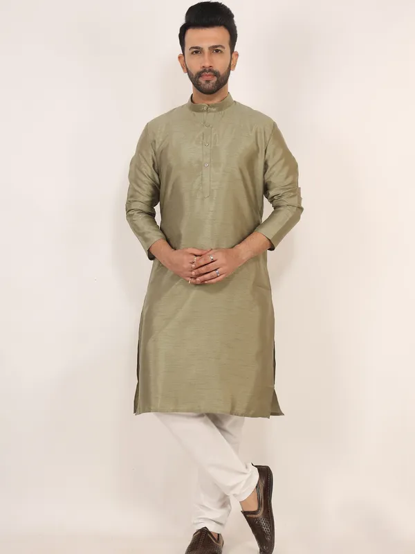 Olive_Green_Dupion_Silk_Regular_Fit_Kurta_Pajama_Set_For_Men