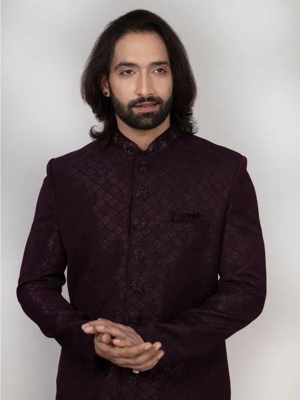 Wine_Jacquard_Regular_Fit_Sherwani_For_Men
