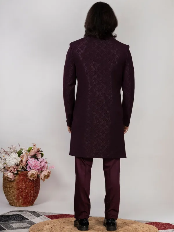Wine_Jacquard_Regular_Fit_Sherwani_For_Men