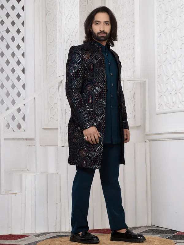 Men's_Teal_Blue_Premium_Velvet_Embroidered_Regular_Fit_Indo_Western