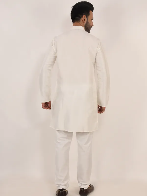 White_Dupion_Silk_Regular_Fit_Kurta_Pajama_Set_For_Men