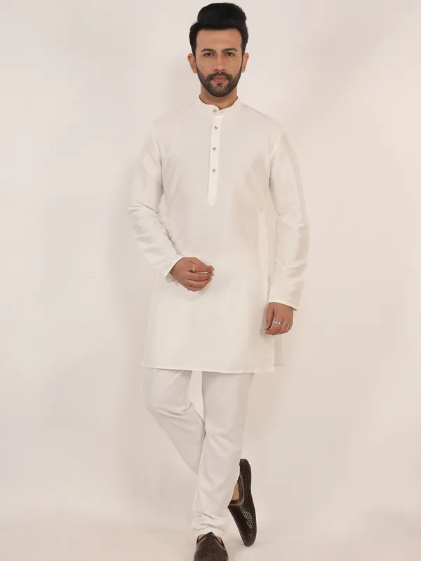 White_Dupion_Silk_Regular_Fit_Kurta_Pajama_Set_For_Men