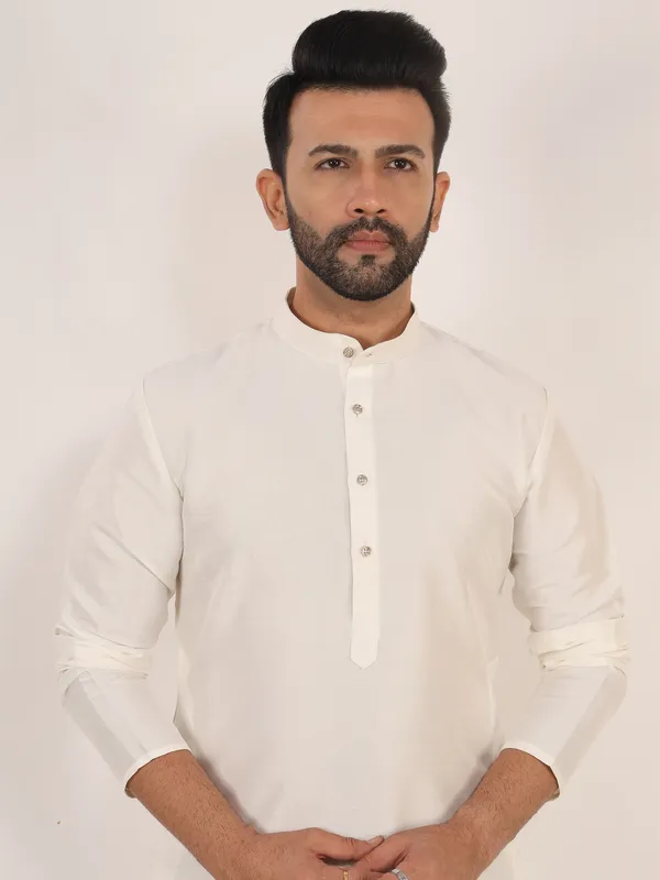 White_Dupion_Silk_Regular_Fit_Kurta_Pajama_Set_For_Men