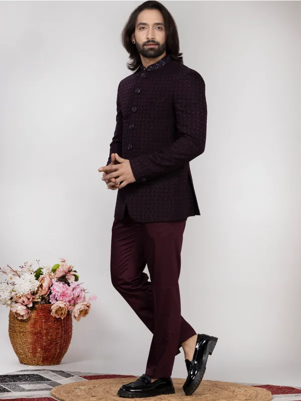 Wine_Jacquard_Regular_Fit_Jodhpuri_Suit_with_Matching_Trouser